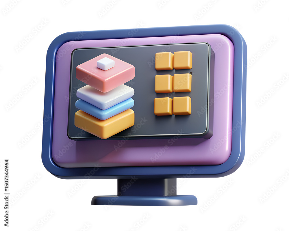 Poster modern colorful computer display with layered 3d cube icons representing data or digital information