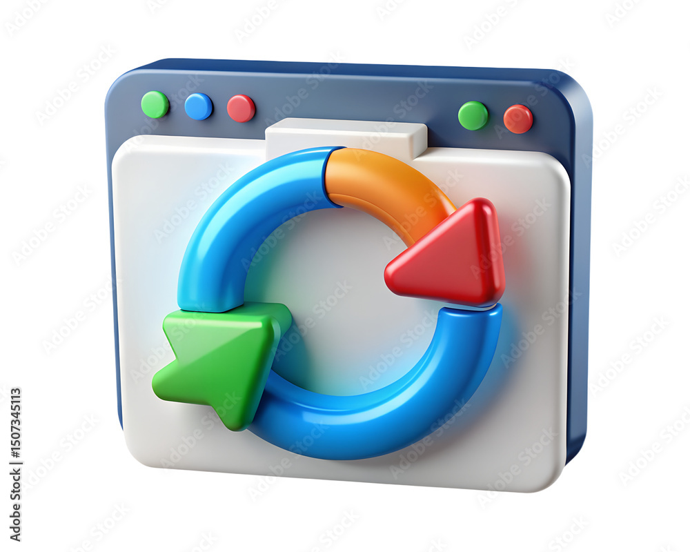 Poster a vibrant 3d rendering icon depicting software update or cycle refresh processes, created against a 