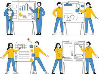 Vector characters presenting messaging strategy, content blocks, hashtags, and digital communication planning on whiteboards
