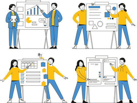 Vector characters presenting messaging strategy, content blocks, hashtags, and digital communication planning on whiteboards