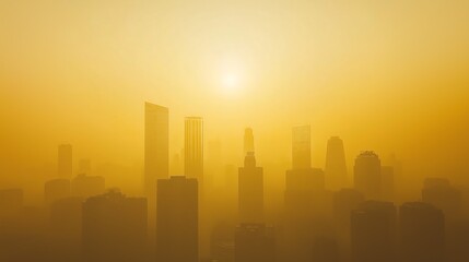 Fototapeta premium Misty Urban Skyline at Sunrise – Atmospheric Cityscape with Skyscrapers and Fog