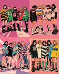 Obraz premium Girl Group Illustration: Capturing the essence of friendship and style, this illustration showcases a diverse group of fashionable girls, each with their unique look.