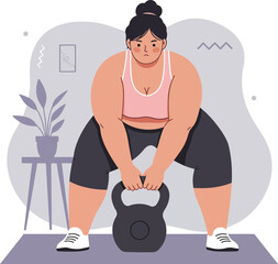 Obraz premium Woman exercising with kettlebell fitness training at home interior workout scene vector illustration 