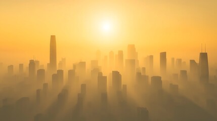 Fototapeta premium Misty Urban Skyline at Sunrise – Atmospheric Cityscape with Skyscrapers and Fog