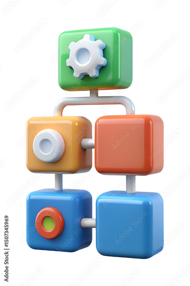 Poster abstract 3d rendering composition of connected colorful cubes representing interconnected processes 