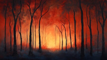 Naklejka premium Apocalyptic Wildfire Devastation, Intense Forest Fire Art with Fiery Smoke and Burning Trees, a Dramatic Climate Change Illustration