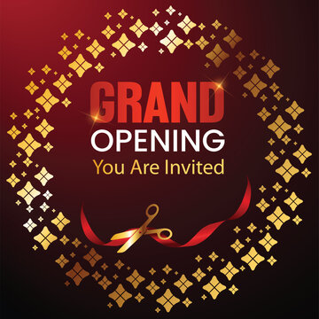 Elegant grand opening invitation with golden sparkles, luxury black background, festive and classy design.