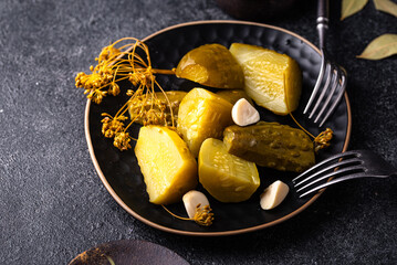 Bowl of pickled marinated cucumbers