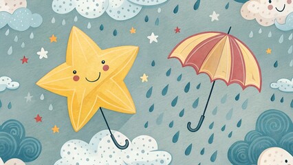 Rain of Stars &ndash; Cute Umbrella Seamless Background