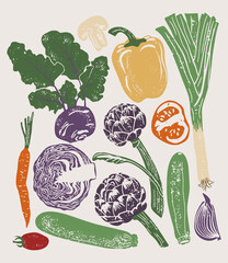 Set of Hand drawn linocut style vegetables. Grunge illustration of different vegetables. Woodcut vegetables