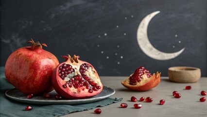 Fresh, ripe red pomegranate fruit is isolated on a dark background and rustic wooden table