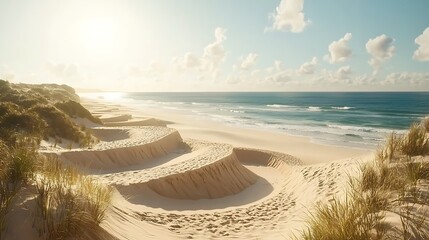 Natural dune curves with sunlight from one side creating sharp contrast and textured sandy patterns