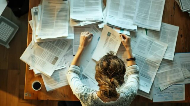 Overhead view of person surrounded by scattered papers on desk.