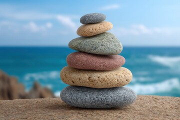 Stack of seven rounded rocks balanced on a flat surface against a blurred ocean backdrop