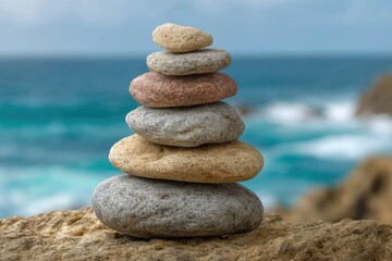 Fototapeta premium Stack of six stones balanced on rock blurred ocean backdrop