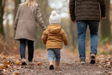 Child Taking Early Steps on Forest Trail with Parents