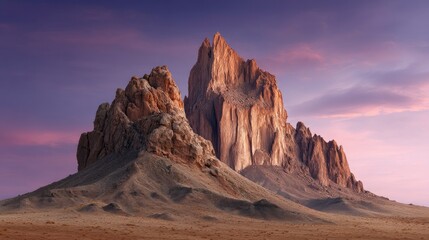 The image shows a stark landscape dominated by towering rock formations under a twilight sky their surfaces bathed in warm light
