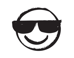 smiling face and sunglasses. grunge happy cool peaceful emoji with glasses. hand drawn textured brush, sketch black rustic drawing