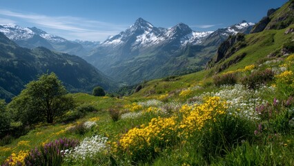 Fototapeta premium Wildflower Field Below the Snowy Peaks