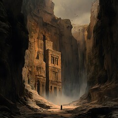 Ancient rock and stone architecture within a mountain cave temple reveals the geology and history of this landmark in Petra, 