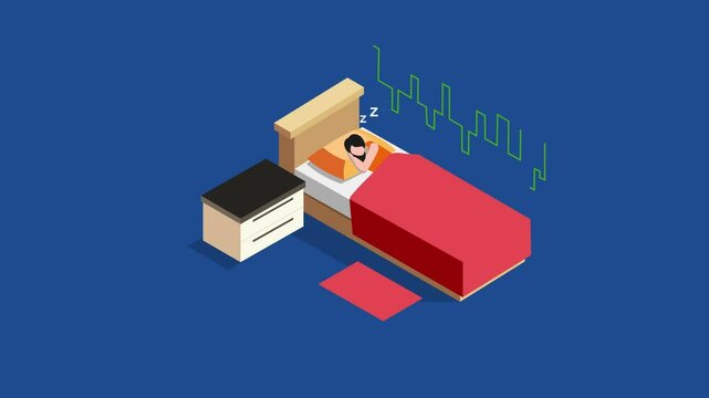 person sleeping soundly in bed, with a green line graph above suggesting sleep cycle monitoring 3d animation cartoon