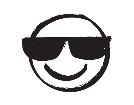 Naklejki smiling face and sunglasses. grunge happy cool peaceful emoji with glasses. hand drawn textured brush, sketch black rustic drawing