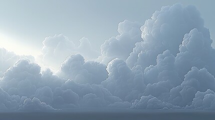 A beautiful cloudscape filled with soft, fluffy clouds against a pale blue sky, with sun rays gently filtering through, creating a peaceful mood.