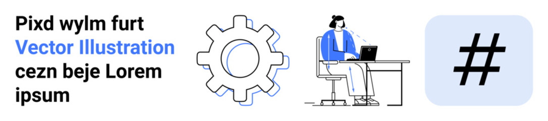 Gear, professional at desk on laptop, metadata tag symbol Ideal for productivity, technology, work, innovation, development, communication, simple landing page