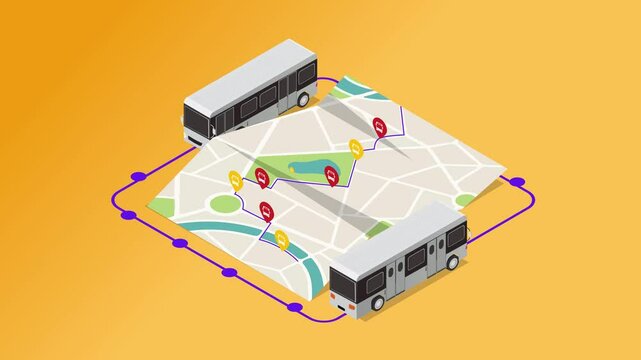 showing two buses navigating a city map with marked routes and bus stop icons 3d animation cartoon