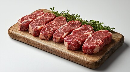 Fototapeta premium Raw, fresh, premium cut steaks arranged on wooden cutting board, with herbs