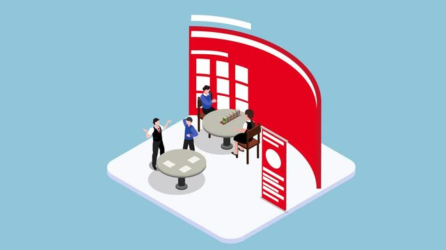 Trade Show Booth with Business People and Promotional Materials 3d animation cartoon