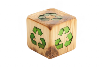 Wooden cube with green recycle symbols