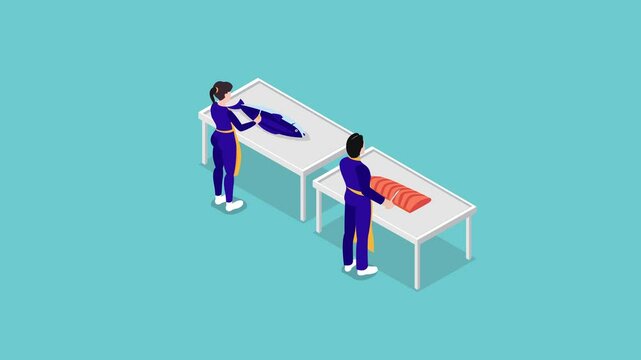 two individuals in blue uniforms and yellow aprons preparing fish on separate white tables 3d animation cartoon