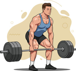 Muscular man performing deadlift exercise with heavy barbell in gym workout routine vector illustration  - obrazy, fototapety, plakaty