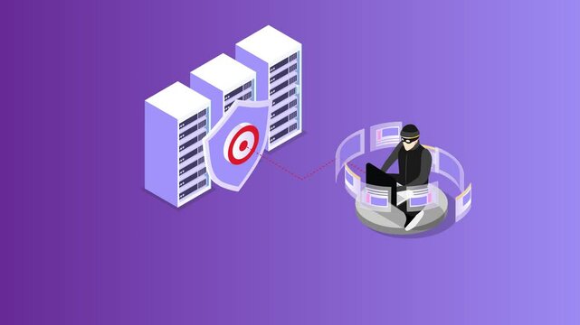 hacker accessing data servers protected by a shield with a target symbol, representing cyberattack and data security 3d animation cartoon