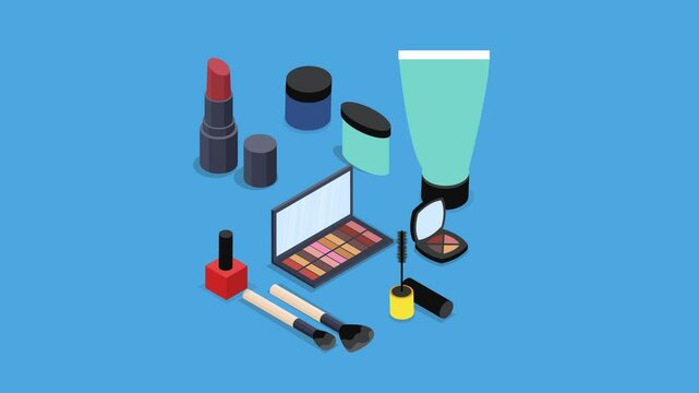 various makeup products including an eyeshadow palette, lipstick, nail polish, brushes, mascara, face powder, cream tube, and small jars 3d animation cartoon