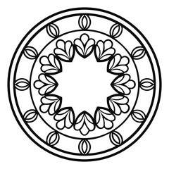 Elegant Circle Mandala with Flower Motifs, Minimalist Black and White Geometric Design for Coloring Books and Creative Projects                       