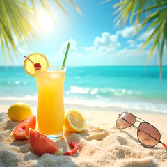 Summer pattern, background describing all the beauty of a summer, sunny day, sea, sand, delicious drinks and cheerful people