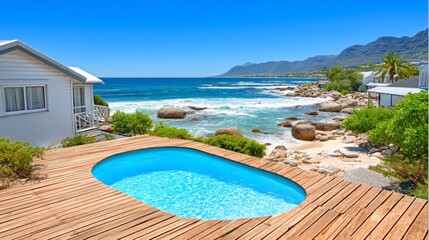 Fototapeta premium Scenic coastal view with a swimming pool overlooking the ocean and mountains