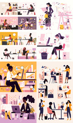 Obraz premium Diverse Women at Work: A vibrant illustration showcasing diverse women in various professional settings, highlighting their dedication, creativity, and collaboration in the modern workplace.