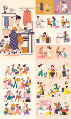 Obraz premium Fashionable Woman's Lifestyle Collage: a fashionable collage of a woman's diverse lifestyle, showcasing moments of work, shopping, and leisure activities with a focus on fashion and self-expression.