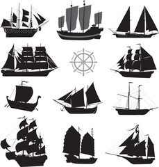 Sailing ships detailed vector silhouettes collection
