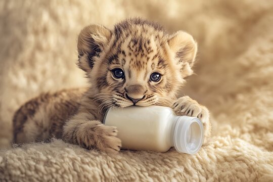 Tiny lion cub rests its chin on a bottle filled with milk on the rug