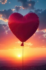 Fototapeta premium A lone heart-shaped balloon floats against a vibrant sunset, symbolizing the search for love and companionship , summer, happiness, background