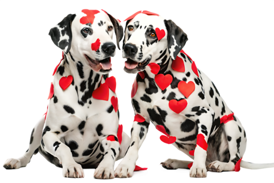 Twos dalmatians with many red paper hearts on their body and heads love dogs pet isolated on white background PNG