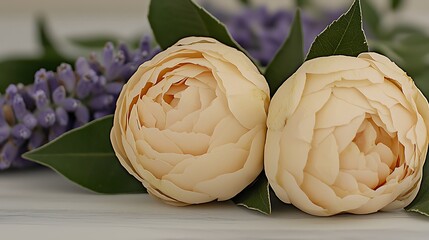 Delicate floral soft focus scene with pastel peach and lavender tones blending harmoniously in the background.