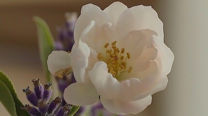 Delicate floral soft focus scene with pastel peach and lavender tones blending harmoniously in the background.