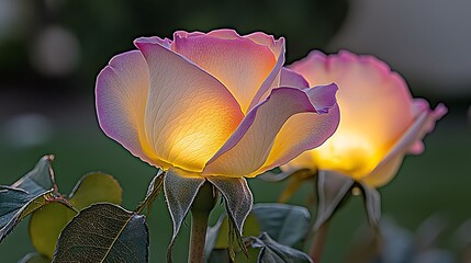 Blurry rose petals with a gentle warm glow surrounding them, evoking romance and softness.