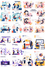 Obraz premium Business Activity Compilation: A comprehensive visual collection depicting various business activities, illustrating diverse scenarios, from meetings to presentations. 