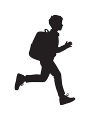 Silhouette of a young school boy running with a backpack in side view on white background